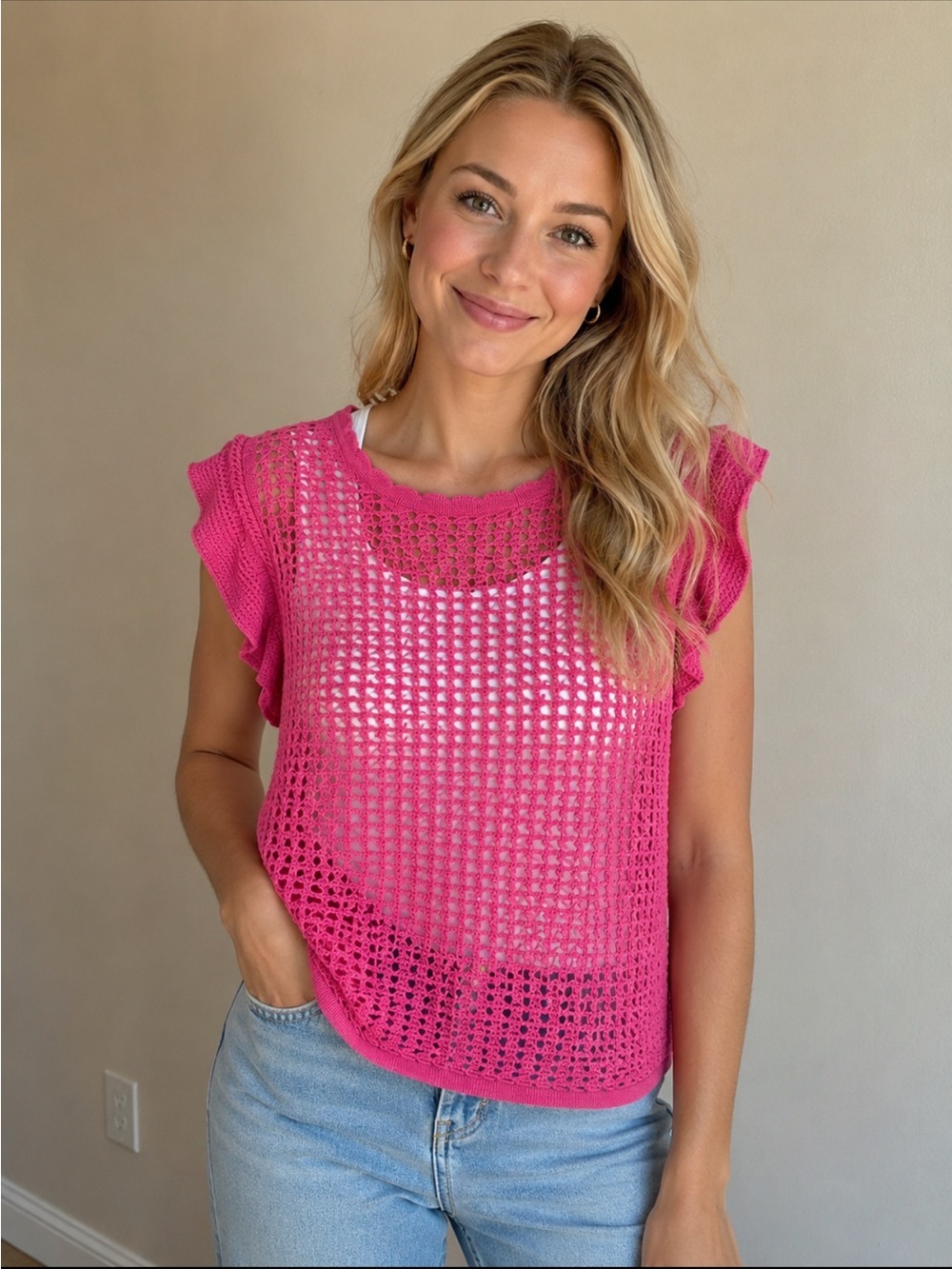 GAP Bright Pink Crochet Open-Knit Tank with Flutter Sleeves